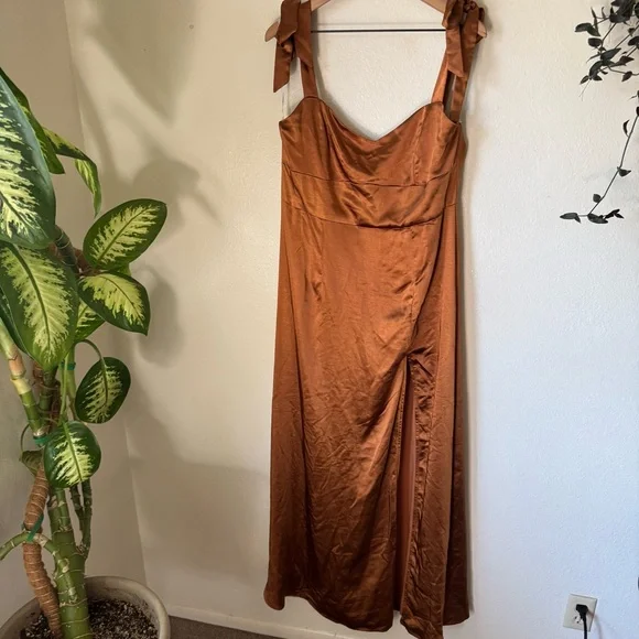 Lulus | Effortless Sophistication Bronze Satin Tie-Strap Maxi Dress - Picture 2 of 9